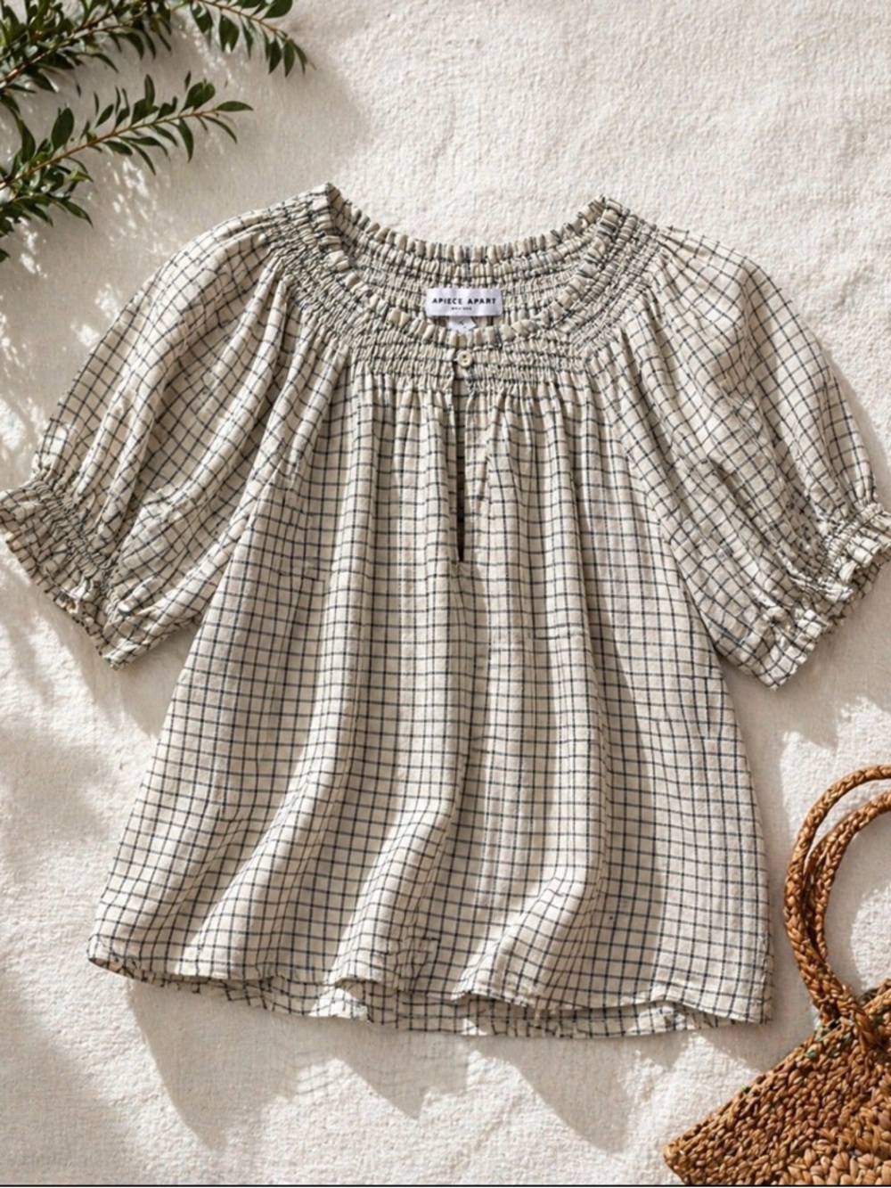 Apiece Apart Organic Cotton Plaid Peasant Blouse Puff Sleeve Smocked Top L